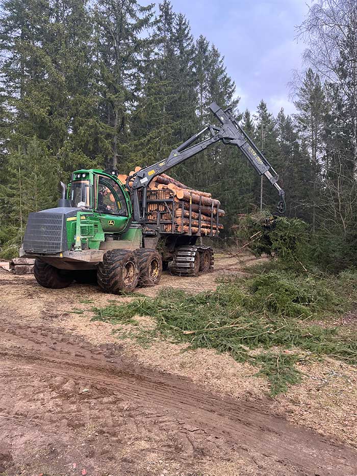 Traktor med släp fullt med stockar